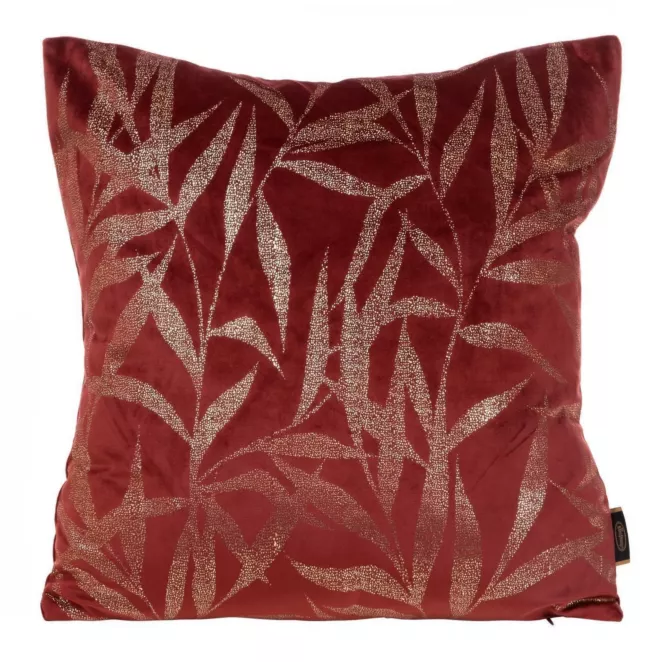 Poszewka na poduszkę 45x45 cm welwetowa kolor bordowy ze złocistym nadrukiem liści BLINK 22