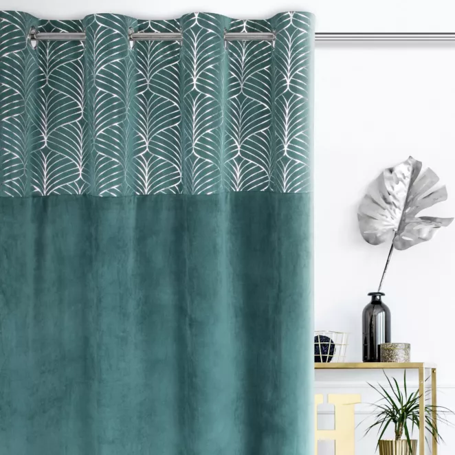 Zasłona turkusowa z pasem srebrnego nadruku, welwetowa 140x250 cm przelotka - LINDI