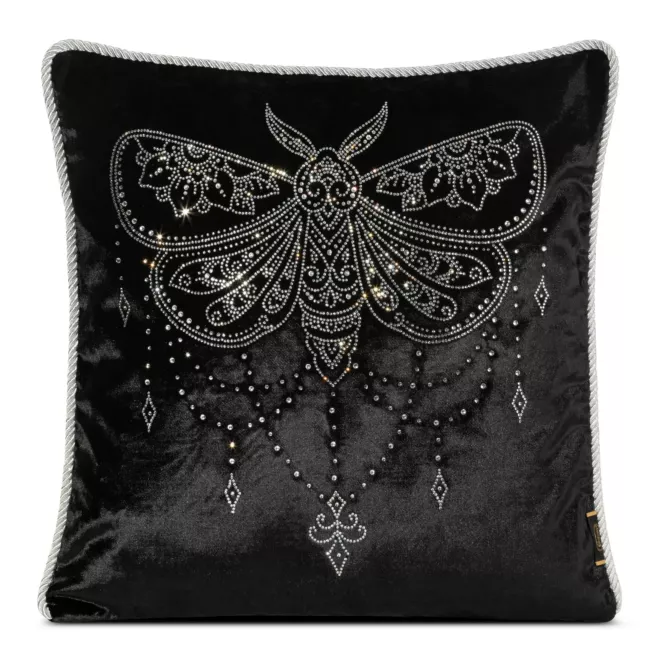 Poszewka na poduszkę 45x45 cm welwetowa, czarna zdobiona wzorem motyla z kryształków ROYAL 8