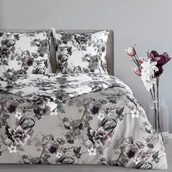 Pościel 220x200 cm bawełniana kolor popielaty, biały dwustronna z wzorem kwiatowym NIKA 54