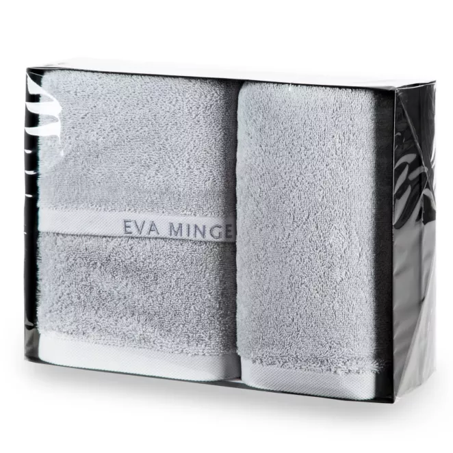 Zestaw ręczników bawełnianych na prezent 1 szt 30x50 cm, 1 szt 50x90 cm, 1 szt 70x140 cm kolor srebrny z kolekcji Eva Minge