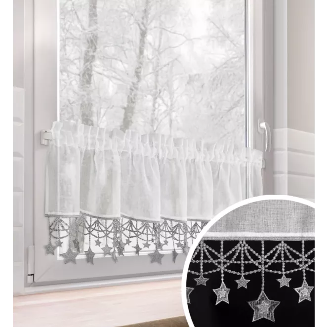 Zazdrostka biało, srebrna z etaminy zdobiona świątecznymi gwiazdkami 150x30 cm tunel - XMAS