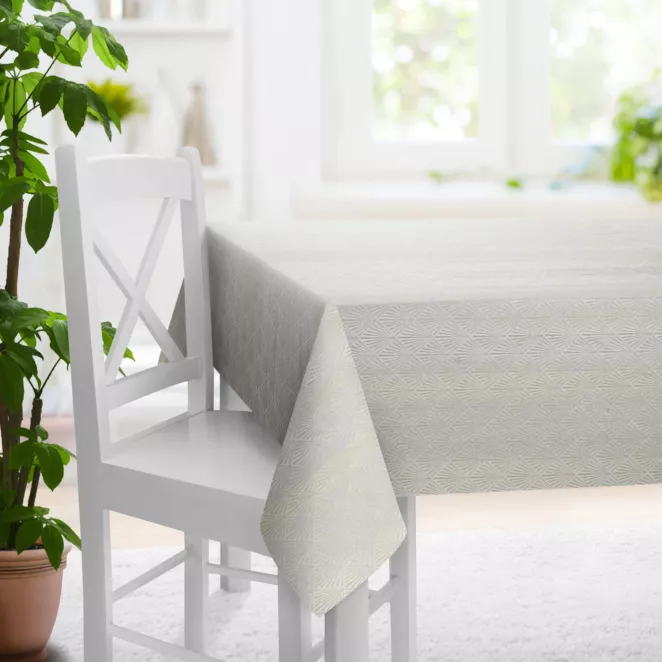 Obrus szyty kremowy z tkaniny, z geometrycznym wzorem, z dodatkiem połyskującej nici