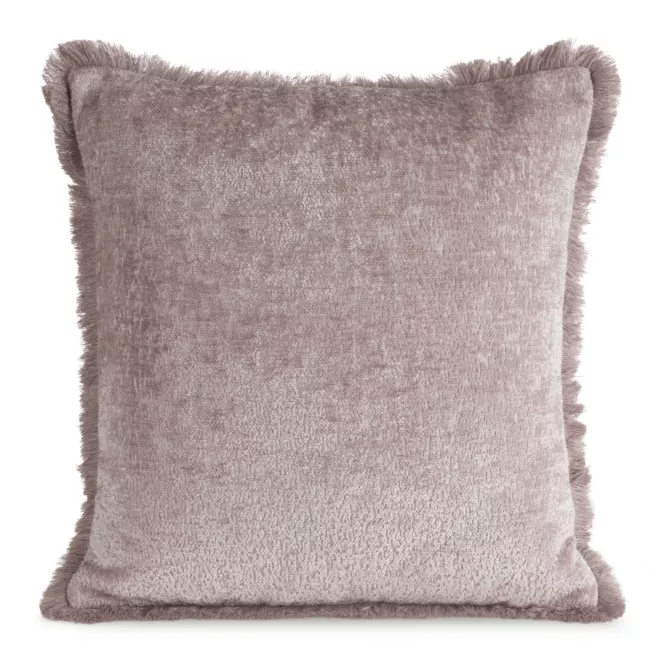 Poszewka na poduszkę 45x45 cm pudrowa z szenilowej nici zdobiona subtelnymi frędzlami ADIA