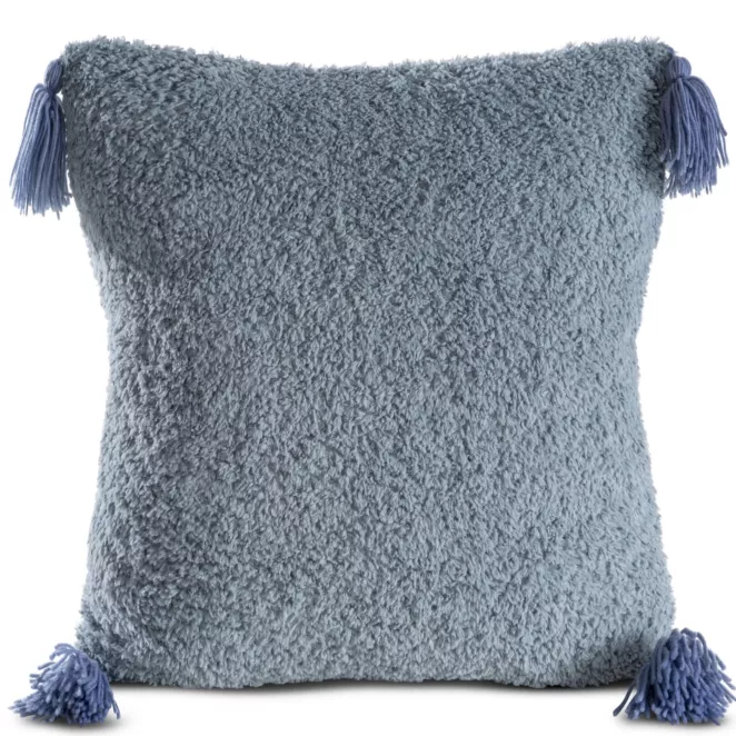 Poszewka na poduszkę 45x45 cm o strukturze miękkiego futra niebieska z ozdobnymi chwostami ELDA