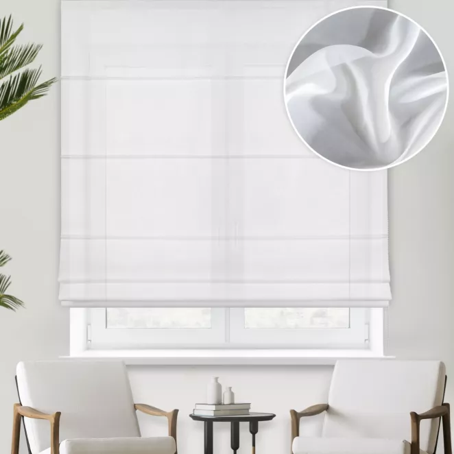 Roleta rzymska RAMIRA biała z wysokogatunkowego niemieckiego woalu, wykończona obciążnikiem