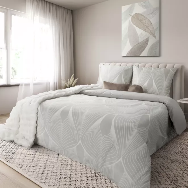 Pościel 140x200 cm komplet 2 częściowy satyna bawełniana kolor jasnoszary, biały zdobiony motywem geometrycznym SPRING 88