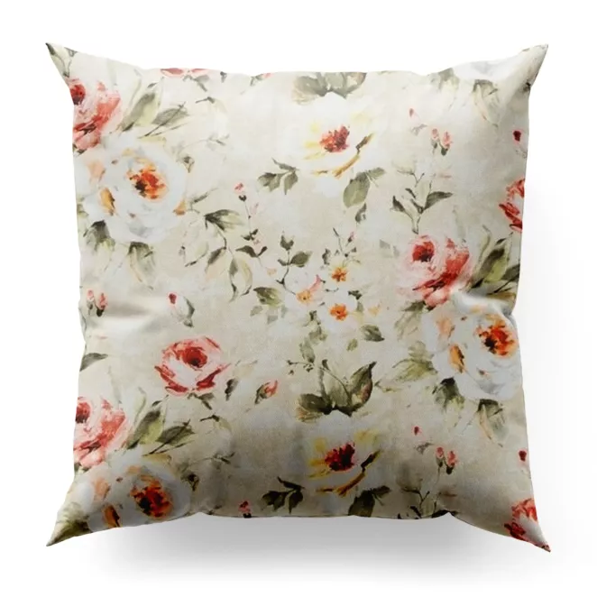 Poszewka szyta beżowo różowa z tkaniny o naturalnym splocie z nadrukowanym kwiatowym wzorem