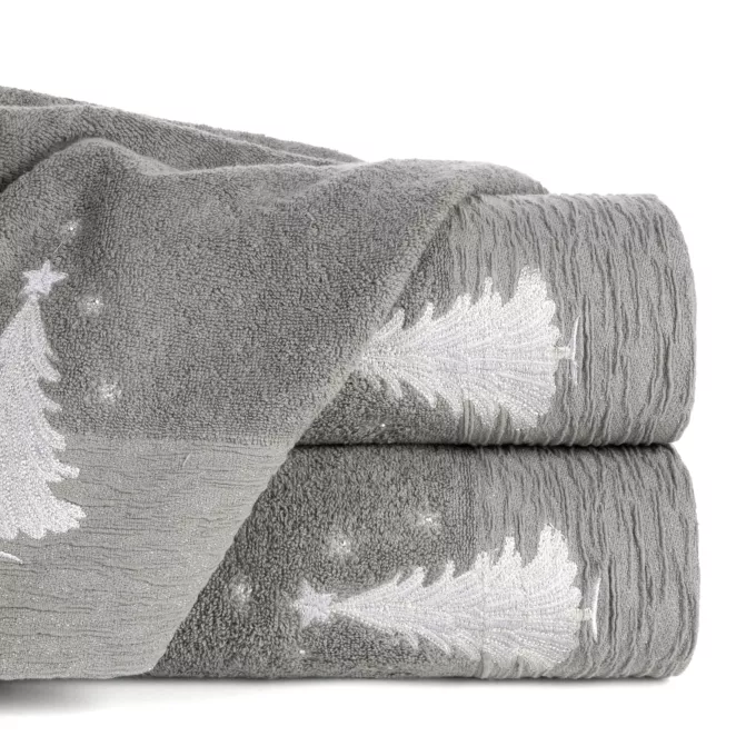 Ręcznik kąpielowy świąteczny 70x140 cm bawełniany kolor stalowy,srebrny zdobiony świątecznym haftem 480 g/m2 JOY