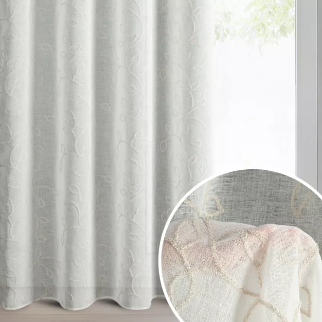 Zasłona biało, beżowa z tkaniny o naturalnym wyglądzie zdobiona szenilowym haftem 140x250 cm przelotki - ILENA