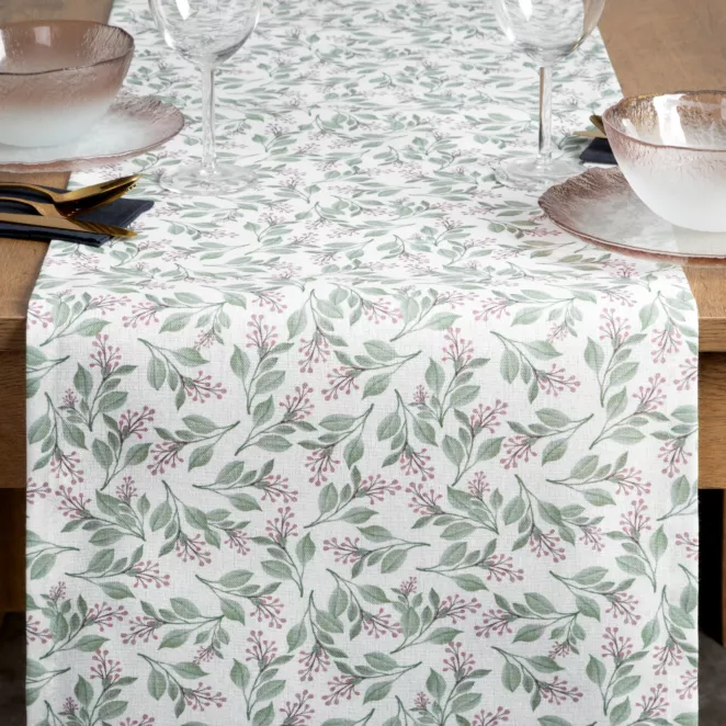 Bieżnik na stół plamoodporny 40x140 cm biało, zielony z motywem roślinnym - GRACE