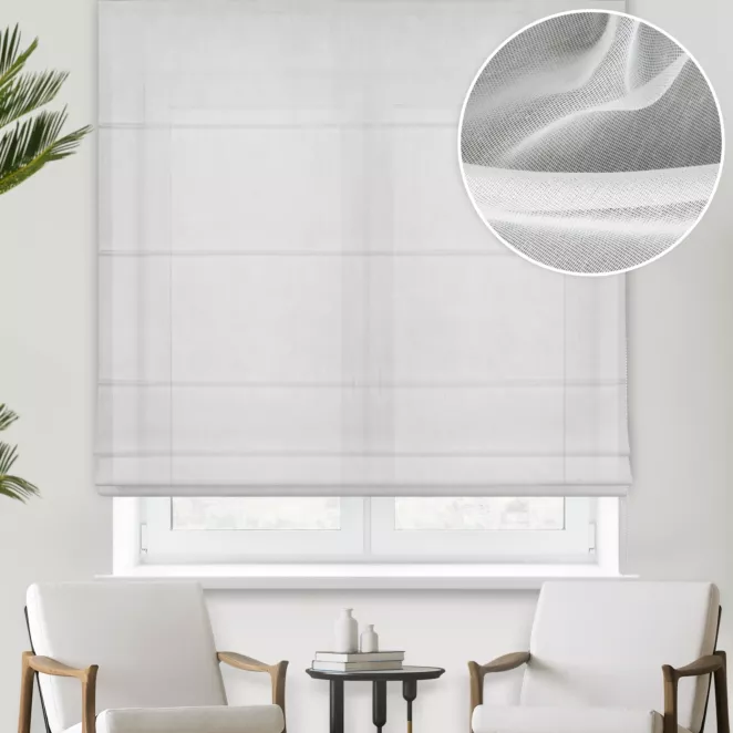 Roleta rzymska biała z matowego, miękkiego batystu, wykończonego obciążnikiem