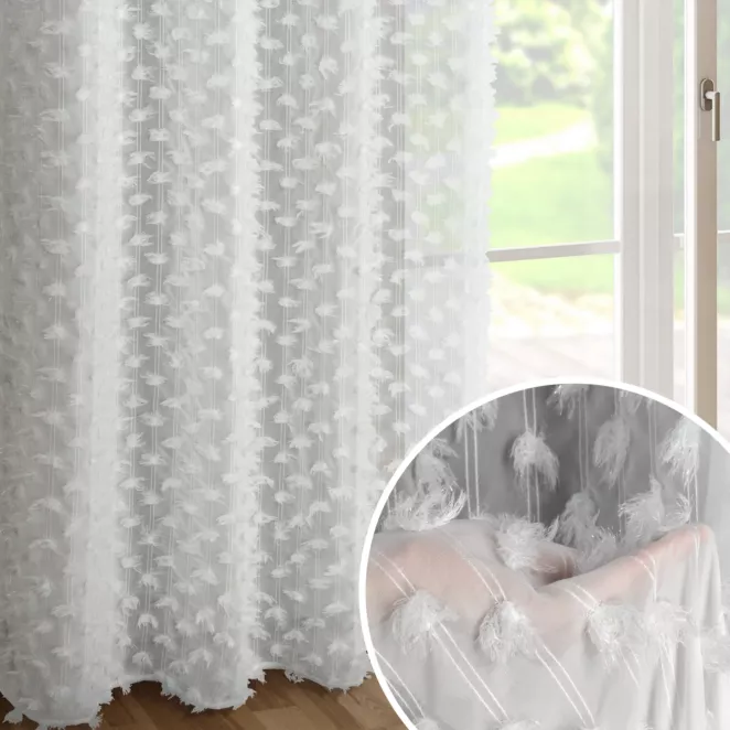 Zasłona biała zdobiona pomponami z szyfonu 135x250 przelotka - AURELIA - Eva Minge