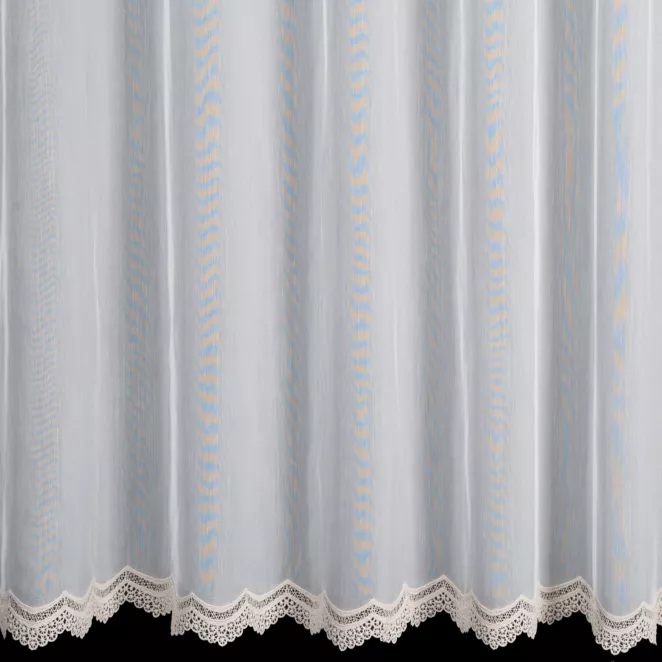 L181/6 Firana szyta na taśmie 5 cm naturalno beżowa z matowej tkaniny typu aden zdobionej geometryczną aplikacją