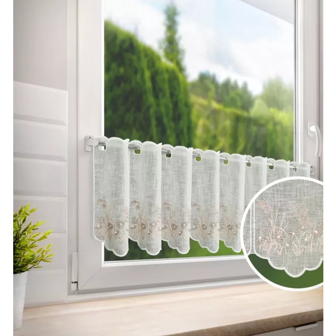 Tkanina firanowa zazdrostka z etaminy zdobiona haftem subtelnym drobnych kwiatuszków