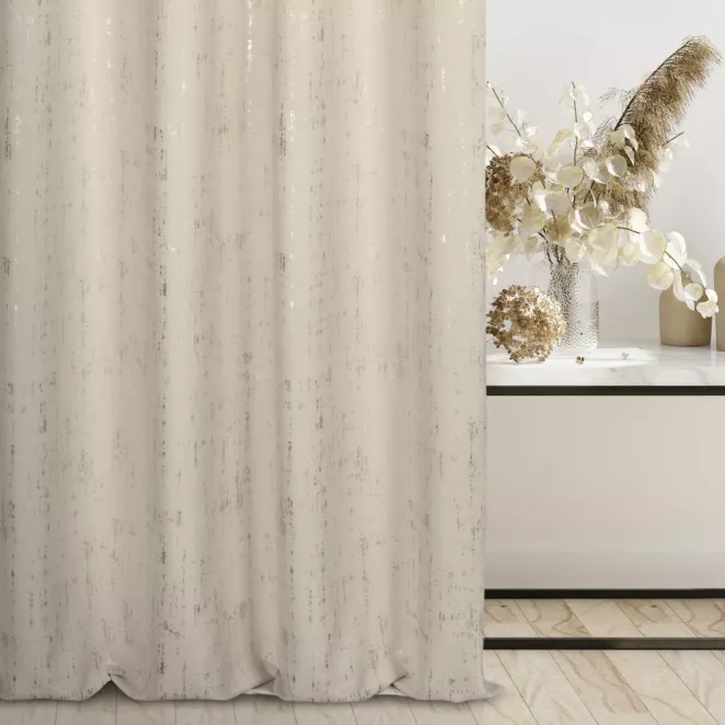 Zasłona szyta na taśmie 5 cm ciemnokremowo złocista z miękkiej tkaniny o strukturze weluru z połyskliwym nadrukiem