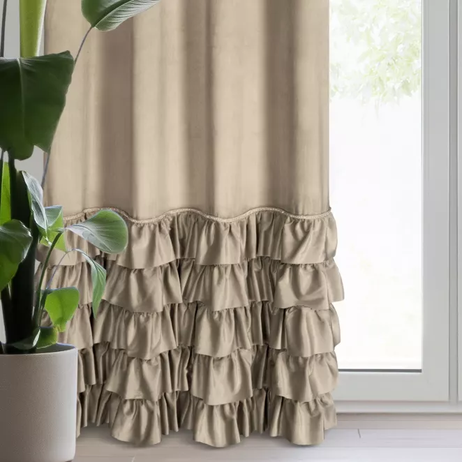 Zasłona welwetowa ciemnobeżowa zdobiona falbanami i lśniącymi akcentami 140x250 cm przelotka - CARLI