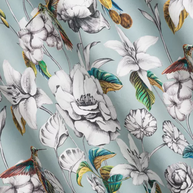 P254/5 Zasłona szyta na taśmie 5 cm miętowo grafitowa z tkaniny o naturalnym splocie z nadrukowanym kwiatowym wzorem