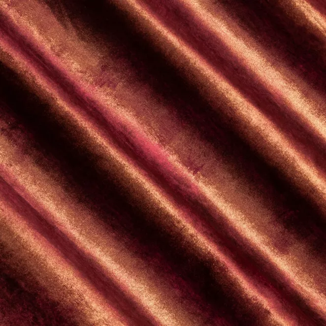 E20/9 Zasłona szyta na taśmie 5 cm bordowo miedziana z welwetowej, miękkiej tkaniny, z połyskującym nadrukiem