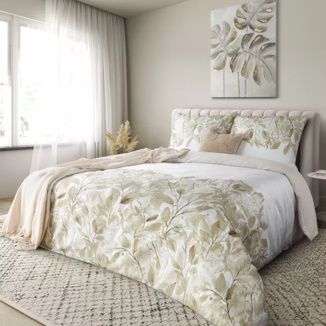 Pościel 160x200 cm z satyny bawełnianej kolor biało, beżowym z motywem roślinnym SPRING 70