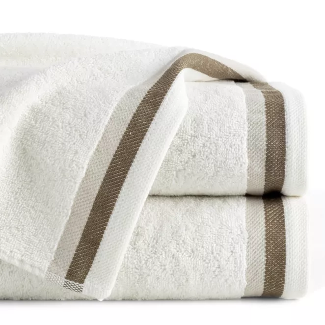 Ręcznik kąpielowy 50x90 cm bawełniany kolor kremowy z bordiurą w pasy 550 g/m2 NIKO
