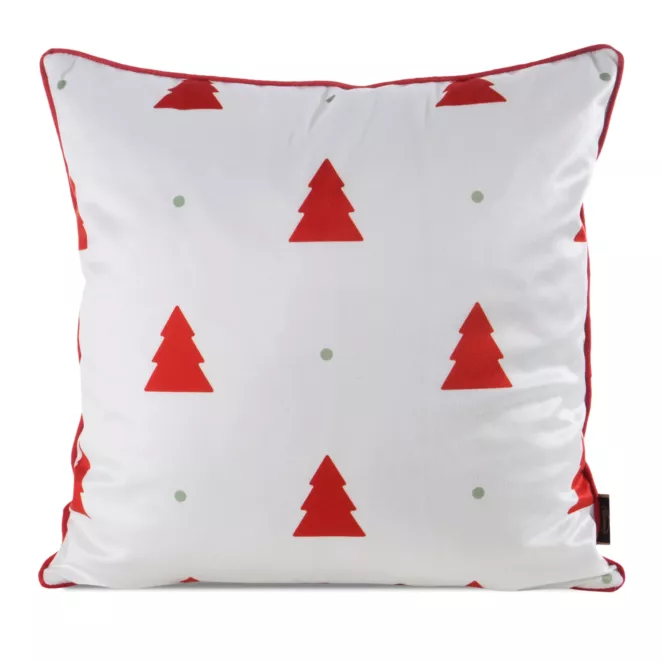 Poszewka na poduszkę świąteczna 45x45 cm biało, czerwona zdobiona nadrukiem choinek i elegancką wypustką