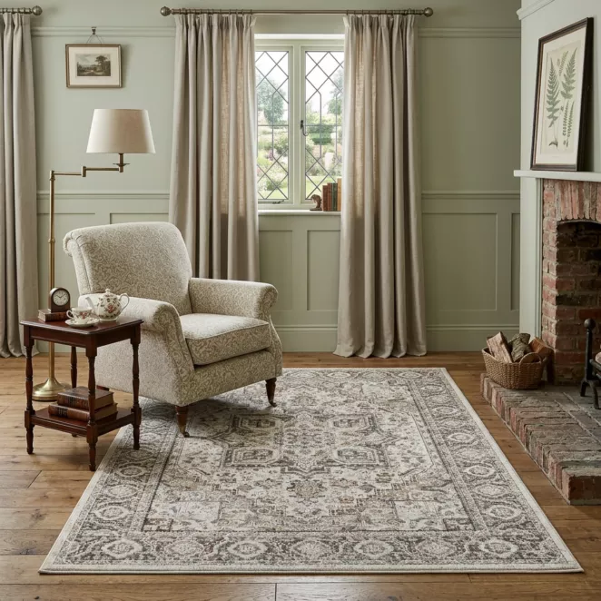 Dywan 60x100 cm kremowo, beżowy z klasycznym wzorem w stylu vintage ELORA 3