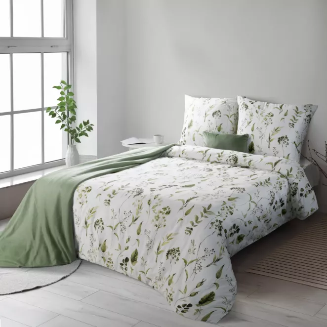 Pościel 140x200 cm komplet 2 częściowy satyna bawełniana kolor oliwkowo, biały zdobiony motywem roślinnym  SPRING 105