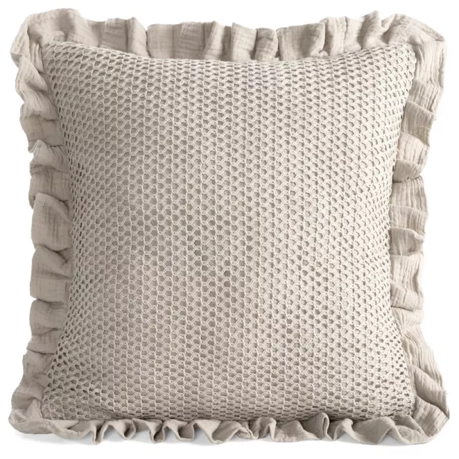 Poszewka na poduszkę 45x45 cm muślinowa z siateczką oraz ozdobną falbanką na brzegach beżowa MUŚLIN 2