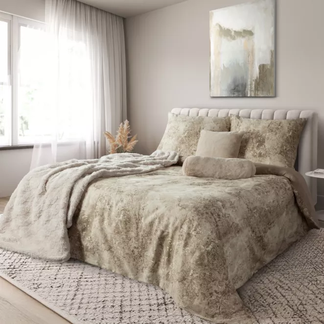 Pościel 220x200 cm satyna bawełniana kolor jasnobrązowy, beżowy z wzorem marmuru SPRING 77