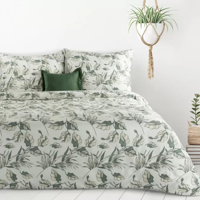 Pościel 140x200 cm komplet 2 częściowy kolor zielono, biały z motywem liści DONNA Design 91