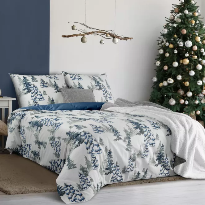 Pościel świąteczna 140x200 cm z bawełny ranforce, kolor biały, granatowy zdobiona nadrukiem zimowym NATAL