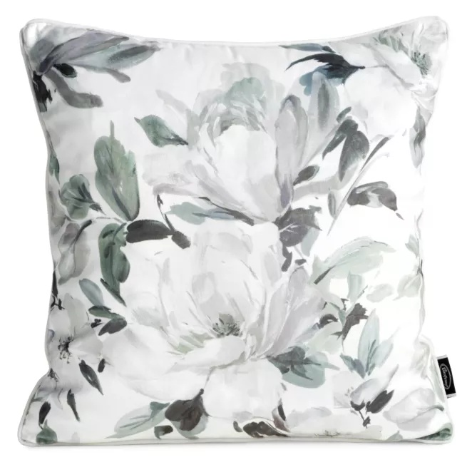 Poszewka na poduszkę 45x45 cm z welwetu biało, ciemnooliwkowa z motywem kwiatów - LOTI
