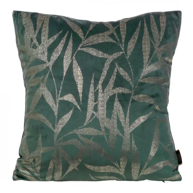 Poszewka na poduszkę 45x45 cm welwetowa kolor ciemnomiętowy ze złocistym nadrukiem liści BLINK 22
