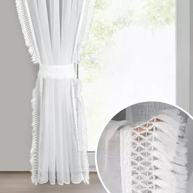 Firana biała z etaminy zdobiona na bokach subtelnymi frędzlami w zestawie troczek 140x270 cm taśma KIRA 2