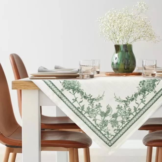 Obrus na stół  90x90 cm naturalno, zielony  z wzorem roślinnym SUMMER14 - kolekcja FOREST SUMMER