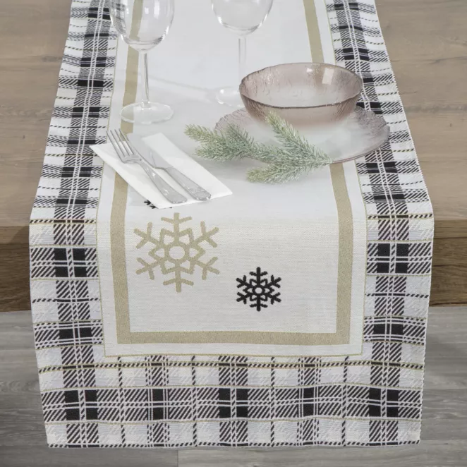 Bieżnik na stół naturalno, czarny 45x140 cm gobelinowy ANGEL z motywem kraty i śnieżynek