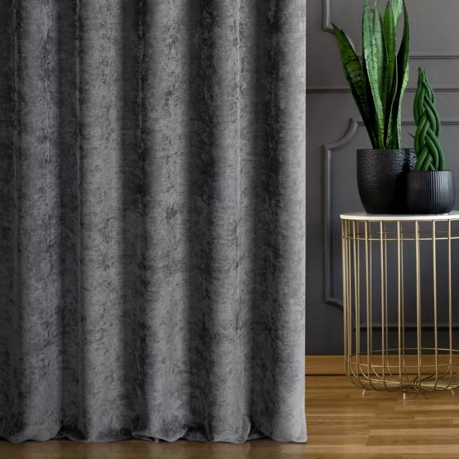 Zasłona szyta na taśmie 5 cm stalowa z miękkiej tkaniny szenilowej typu dimout o naturalnym splocie