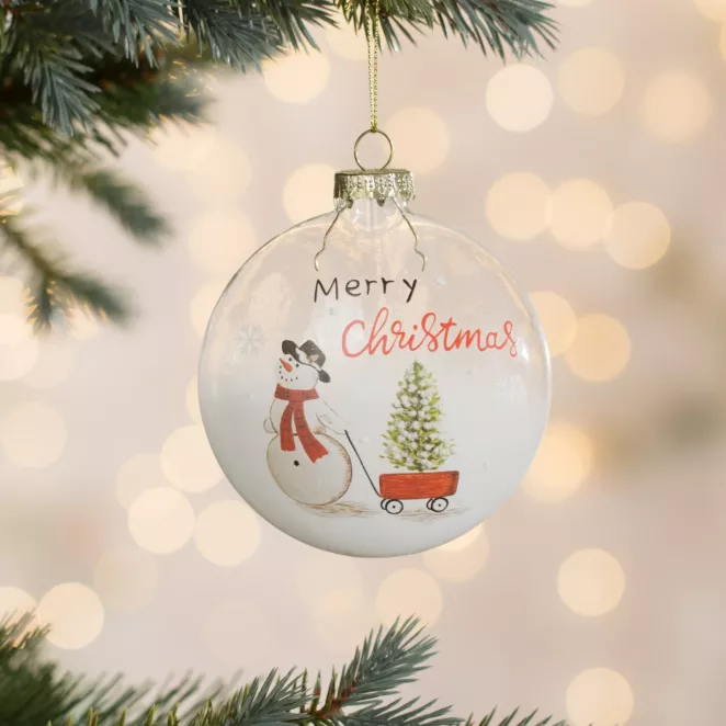 Szklana bombka ręcznie zdobiona uroczym bałwankiem