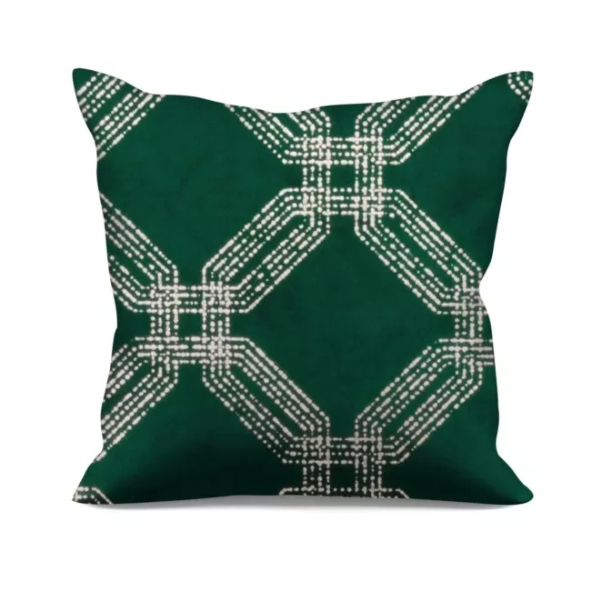 Poszewka szyta zielona z tkaniny welwetowej z geometrycznym błyszczącym nadrukiem