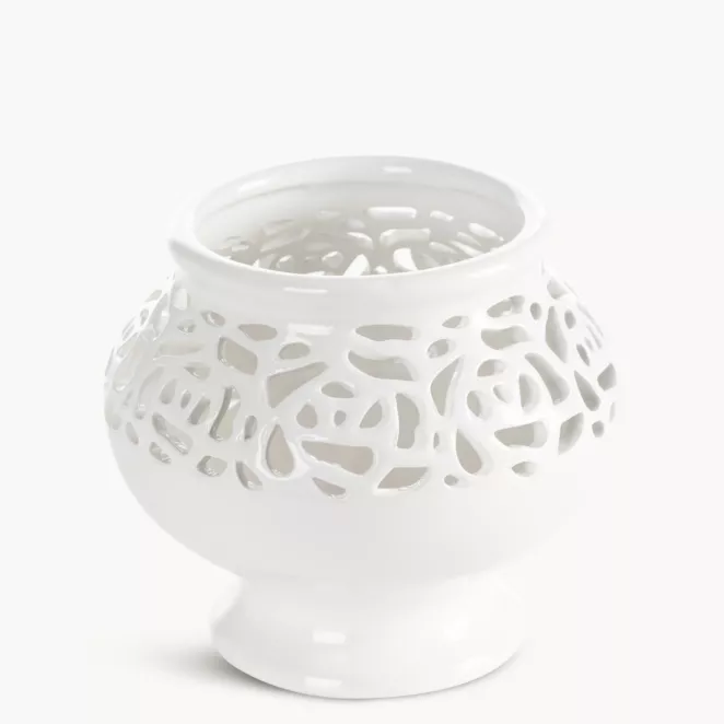 Wazon dekoracyjny biały wykończony ażurowym wzorem 16x14 cm CELIA