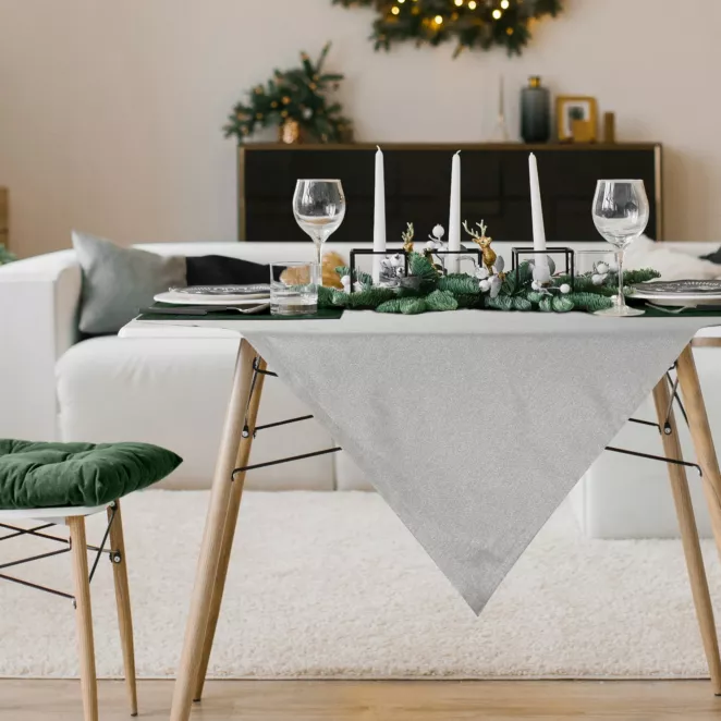 Obrus na stół srebrny 85x85 cm z żakardowej tkaniny FLASH świąteczny
