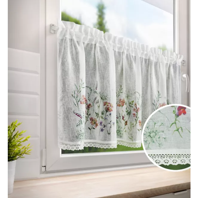 Zazdrostka biało, zielona z etaminy z nadrukiem letnich polnych kwiatów i bawełnianą koronką 150x60 cm tunel SYLWIA