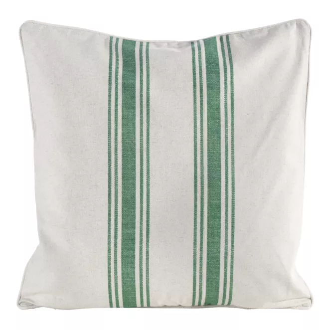 Poszewka na poduszkę 50x50 cm bawełniana z dodatkiem lnu zdobiona subtelnym nadrukiem pasów kremowo, zielona LEN