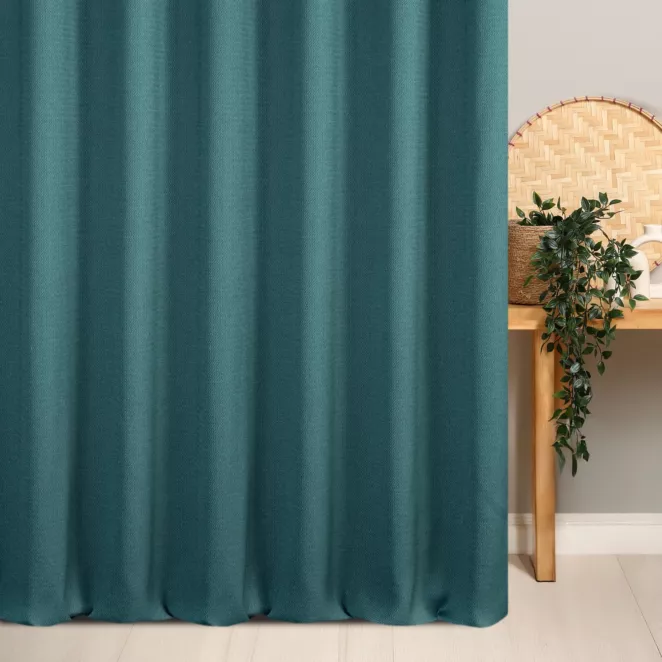 Zasłona szyta na taśmie 5 cm petroa z tkaniny o naturalnym splocie z efektem melanżu