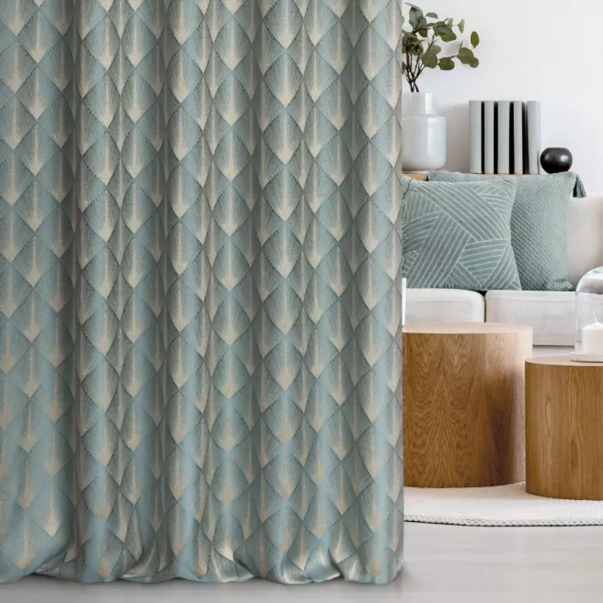 Zasłona szyta na taśmie 5 cm miętowo złota z tkaniny w elegancki geometryczny wzór z błyszczącą nicią