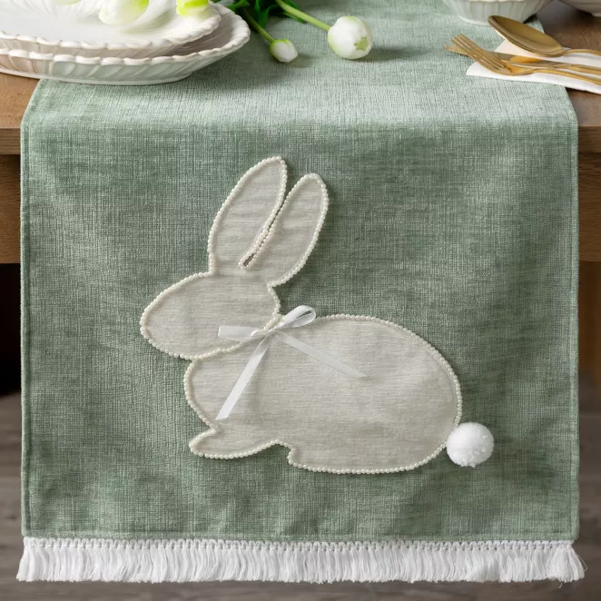 Wielkanocny bieżnik na stół 40x140 cm zielono, beżowy zdobiony zajączkiem i frędzlami - WIOSNA