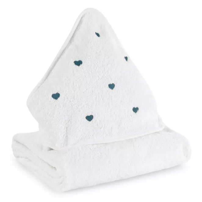 Ręcznik kąpielowy dziecięcy 100x100 cm bawełniany kolor biały,jasnoniebieski z kapturem i haftem serduszek 400 g/m2 BABY 58