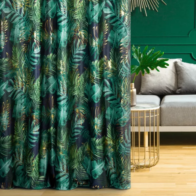 Tkanina zasłonowa miękka, welwetowa, z nadrukowanym motywem botanicznym i błyszczącymi elementami