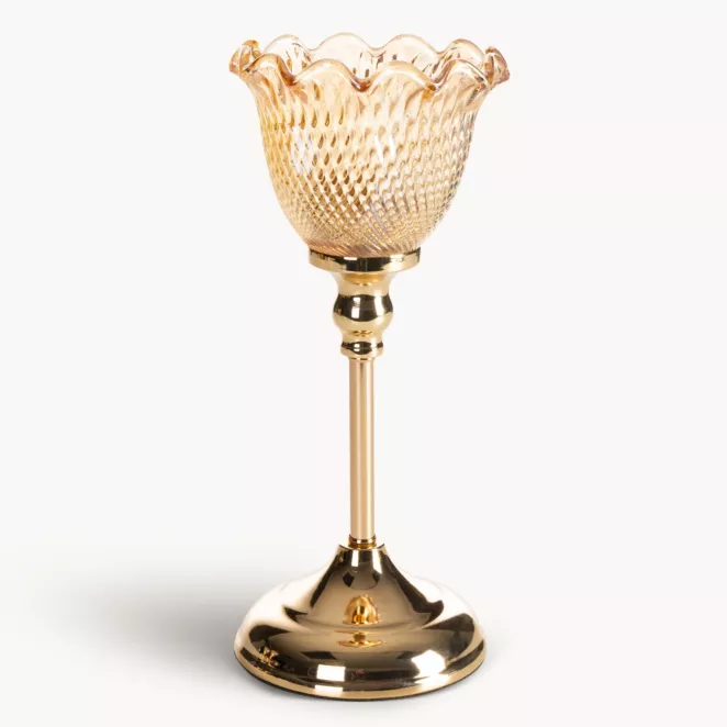 Świecznik dekoracyjny złoty z falowanym ozdobnym kielichem średnica 13x31 cm LUISA